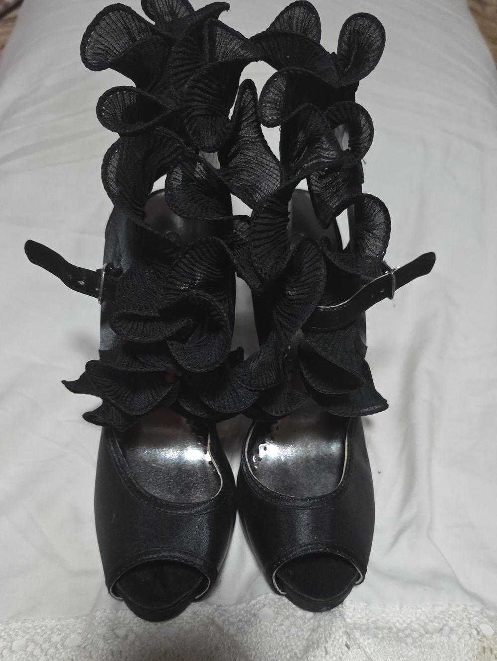 Wild Rose Black Ruffle Peep-Toe Ankle-Strap Heels